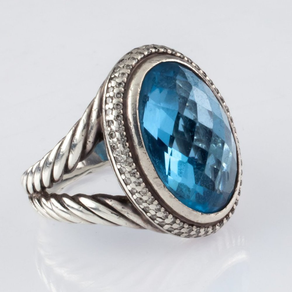David Yurman Sterling Silver Signature Blue Topaz Ring w/ Diamond Accents Size 6 - Picture 4 of 9